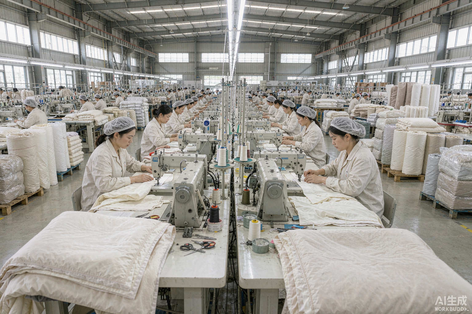 Home textile factory floor with sewing machines and workers